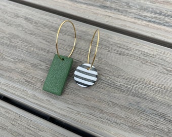 Mismatched hoop earrings of olive and zebra striped polymer clay, 18K gold plated hoops, polymer clay jewelry