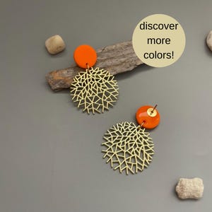 Hanging earrings orange golden abstract round boho statement earrings polymer clay eye catching earrings for evening elegant neon orange
