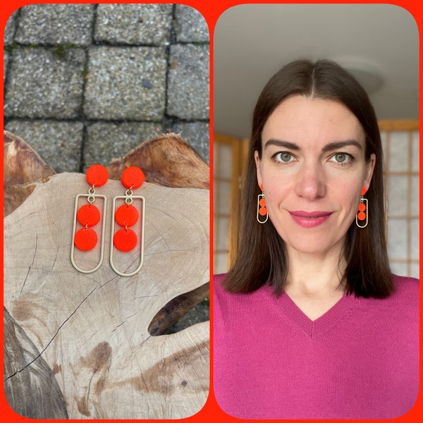 Drop statement earrings, neon red polymer clay, alloy matt gold geometric charm, hanging ohrringe, fimo schmuck