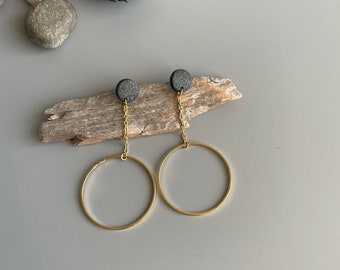 Hoop earrings, pearl black polymer clay and gold plated hoops, hanging earrings, jewelry, earrings, gift for her