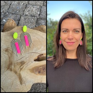 Dangle earrings of neon yellow and hot pink polymer clay and raw brass arch, polymer clay jewelry