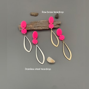 Long earrings dangly hot pink polymer clay raw brass teardrop statement earrings elegant bright pink and silver earrings hanging teardrop