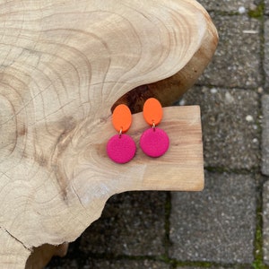 Stud earrings pink and hot orange polymer clay earrings small bright round studs raspberry earrings for everyday for her vibrant earrings