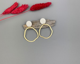 Statement earrings of white polymer clay and brass irregular hoops, fimo schmuck, wedding earrings, non-bending nails