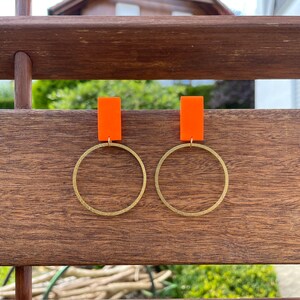 Neon orange sparkling hoop earrings, polymer clay rectangles, circles, earrings, jewelry, dangle earrings