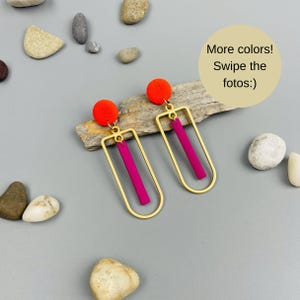 Statement Earrings Magenta Poppy Red Polymer Clay Matte Gold Geometric Fimo Jewelry Handmade Gift Modern Lightweight earrings Trendy long