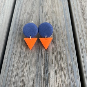 Small round earrings, navy blue and neon orange polymer clay, gift for her, jewelry, multi colored earrings