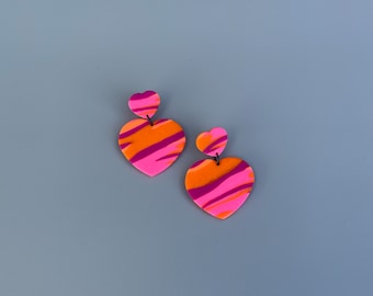 Heart statement earrings of neon pink and orange polymer clay, gift for her, fimo schmuck