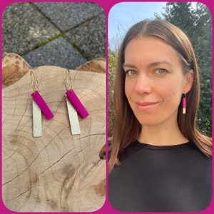 Hoop earrings of magenta polymer clay, birthday gift, gold plated jewelry, geometric earrings