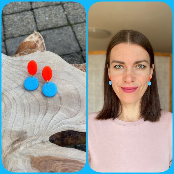 Small round stud earrings, sky blue and neon red polymer clay, posts, gift for her, schmuck, multi colored ohrringe