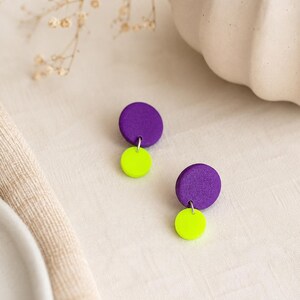Polymer clay stud earrings of purple and neon yellow polymer clay, gift for her, fimo schmuck, multi colored ohrringe