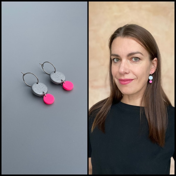 Hoop earrings of metallic grey and hot pink polymer clay, stainless steel hoops, fimo schmuck, eye-catching