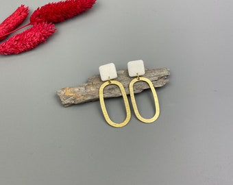 Pearl white earrings, mother-of-pearl polymer clay and brushed shiny brass ovals, hoop earrings, jewelry