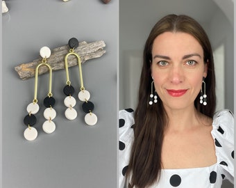 Long earrings of black and white polymer clay, fimo jewelry, u-shape dangle earrings, polka dot