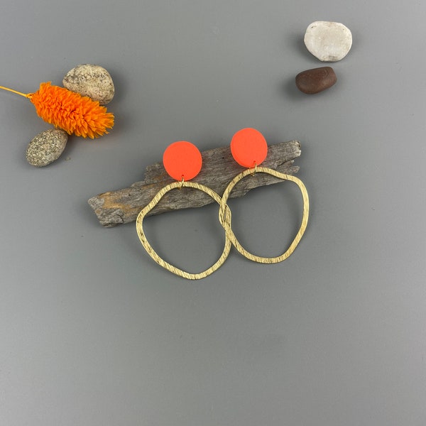 Statement earrings made of neon orange polymer clay and brass irregular hoops, polymer clay jewelry, non-bending nails