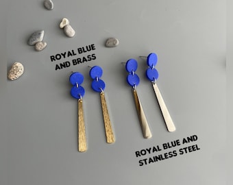 Long hanging earrings royal blue and golden jewelry gift fir her elegant hanging earring of polymer clay and brass or stainless steel blue