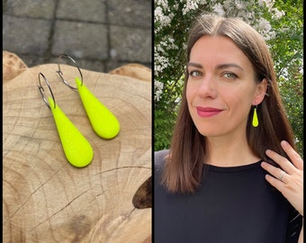 Teardrop earrings of neon yellow polymer clay, birthday gift for her, stainless steel hoops, fimo jewellery