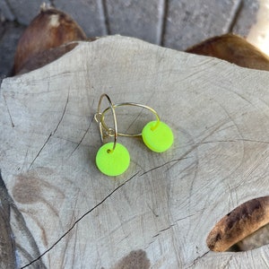 Neon earrings polymer clay gold plated hoops minimalist earrings neon yellow polymer clay hoops for everyday wear fimo jewelry gift for her