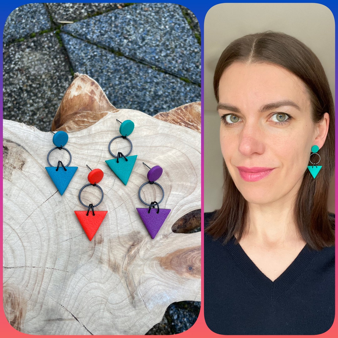 Triangle Earrings, Purple, Emerald Green, Blue, Poppy Red Polymer Clay
