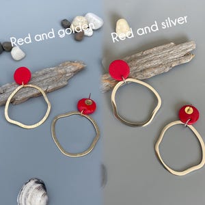 Statement earrings red polymer clay brass irregular hoops stainless steel hanging earrings fimo jewelry statement earrings red earrings