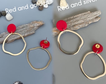 Statement earrings red polymer clay brass irregular hoops stainless steel hanging earrings fimo jewelry statement earrings red earrings