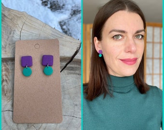 Polymer clay stud earrings, purple and green polymer clay, gift for her, fimo jewelry, minimalistic small earrings