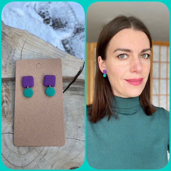 Polymer clay stud earrings, purpur and green polymer clay, gift for her, fimo schmuck, minimalistisch klein ohrringe