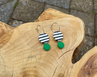 Hoop earrings green black and white stripes earrings for everyday summer earrings lightweight polymer clay jewelry eye-catching hoops for everyday