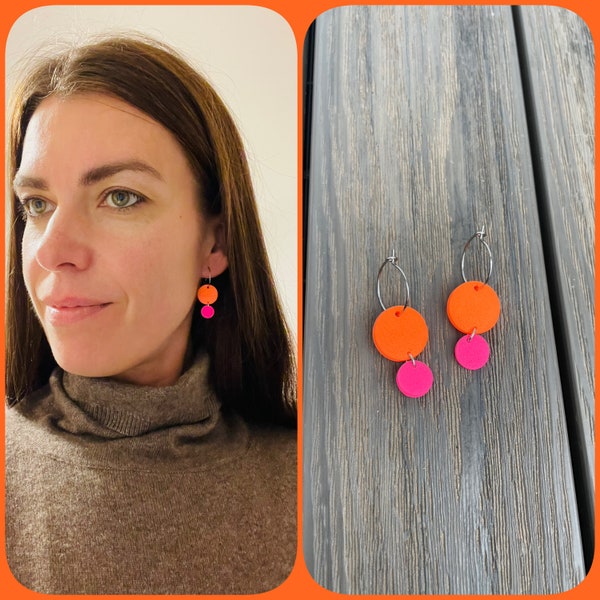 Polymer clay earrings, neon orange and fuchsia polymer clay, gift for her, stainless steel hoops, geometric ohrringe, minimalistisch