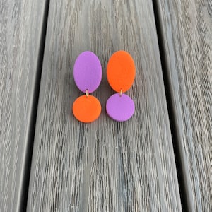 Colorful earring studs asymmetric lavender an hot orange polymer clay earrings vibrant mismatched jewelry gift for her bright studs lavender