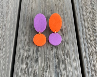 Mismatched geometric earrings, neon orange and lilac polymer clay, posts, gift for her, schmuck, multi colored ohrringe