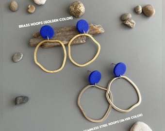 Statement Earrings Royal Blue Polymer Clay golden silver colored Irregular Loops Fimo Jewelry Bold Unique Modern royal blue earrings quirky
