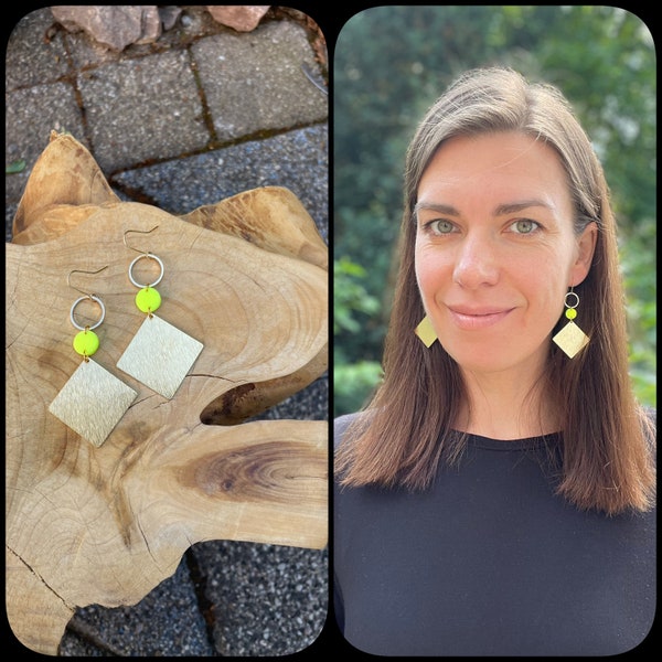 Statement earrings of neon yellow polymer clay and oversized brass rhombus, gift for her, fimo schmuck, gold plated