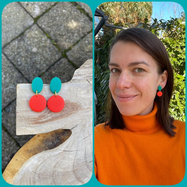 Small round stud earrings, green and poppy red polymer clay, posts, gift for her, schmuck, multi colored ohrringe