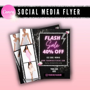 2 SOCIAL MEDIA FLYERS, Follow Us On Social Media Engagement Flyer Pink Marketing Girl Boss Boutique Promotion