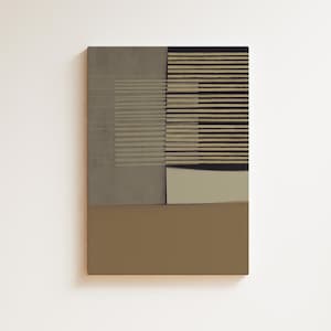 Puede incluir: Pintura abstracta con formas geométricas en tonos marrones, grises y negros. La pintura está dividida en tres secciones, con la sección superior que presenta una serie de líneas horizontales.