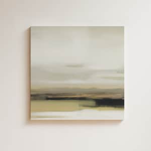 Puede incluir: Pintura abstracta con una paleta de colores apagados de beige, marrón y verde. La pintura representa un paisaje con una línea de horizonte y un cielo nublado.