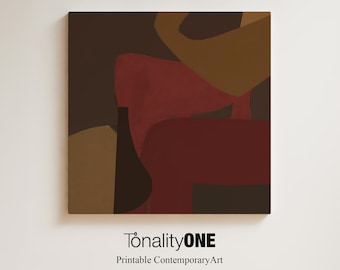 May include: Abstract art print featuring geometric shapes in shades of brown, red, and beige. The print has a modern and minimalist aesthetic.