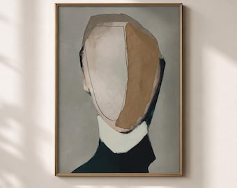 Minimalist Grey Beige Abstract Head Print, Contemporary Painting Wall Art, Large Neutral Living Room Decor, Gift for Him, Abstract Face Art