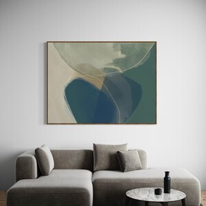 May include: Abstract art print with a blue, green, and white color scheme. The print features a series of overlapping shapes and lines, creating a sense of depth and movement.