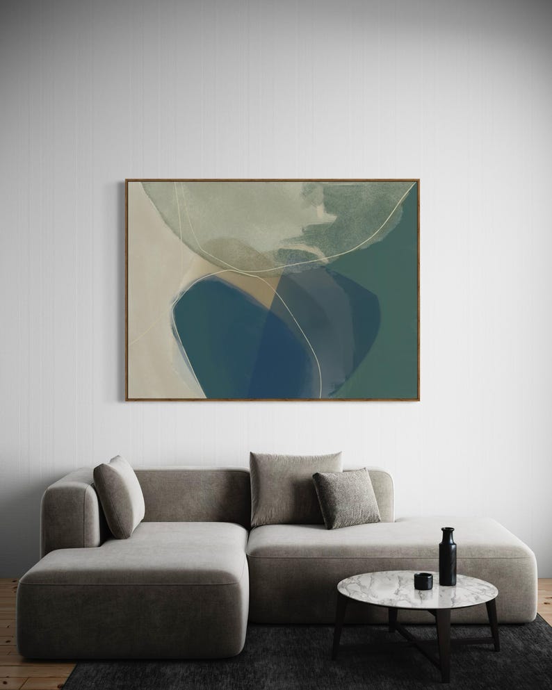 May include: Abstract art print with a blue, green, and white color scheme. The print features a series of overlapping shapes and lines, creating a sense of depth and movement.