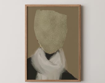 May include: Abstract painting of a person with a white scarf on a brown background.