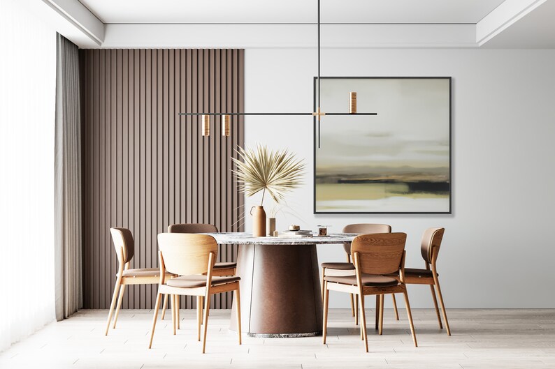 May include: A modern dining room with a round wooden table and six chairs. The table has a brown marble top and a brown leather base. The chairs are made of light wood with brown cushions. A black linear light fixture hangs above the table. A framed abstract painting hangs on the wall behind the table. A vase with dried palm leaves sits on the table.