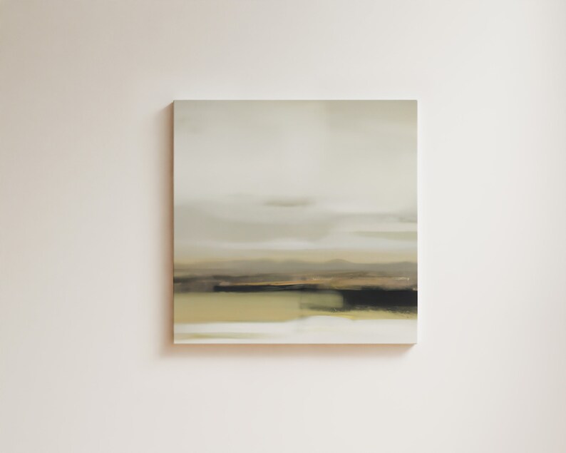 May include: Abstract painting with a muted color palette of beige, brown, and green. The painting depicts a landscape with a horizon line and a cloudy sky.