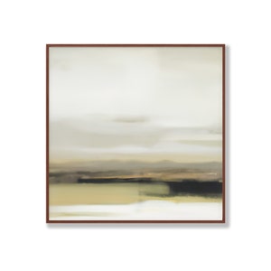 May include: Abstract landscape painting with a muted color palette of beige, brown, and green. The painting depicts a horizon with a hazy sky and a distant landscape.