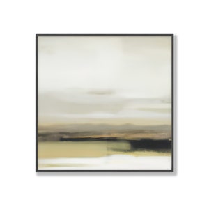 May include: Abstract landscape painting with muted green, brown, and white colors. The painting depicts a horizon with a cloudy sky and a distant mountain range.