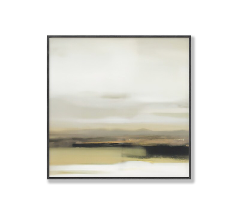 May include: Abstract landscape painting with muted green, brown, and white colors. The painting depicts a horizon with a cloudy sky and a distant mountain range.