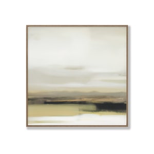 May include: Abstract landscape painting with muted green, brown, and white colors. The painting depicts a horizon with a hazy sky and a distant landscape.