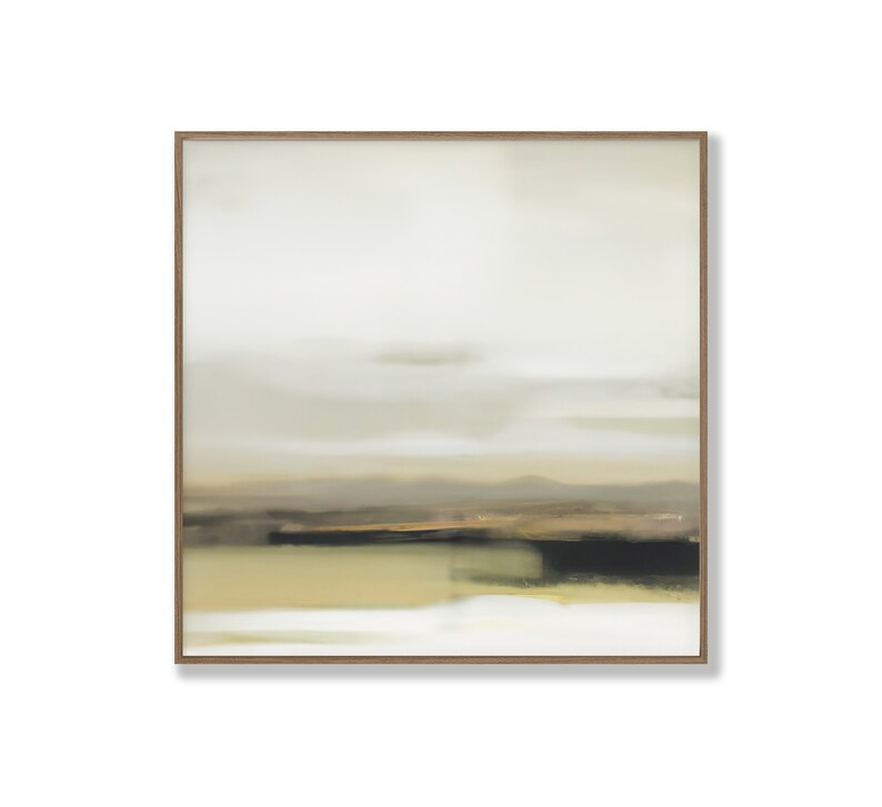 May include: Abstract landscape painting with muted green, brown, and white colors. The painting depicts a horizon with a hazy sky and a distant landscape.