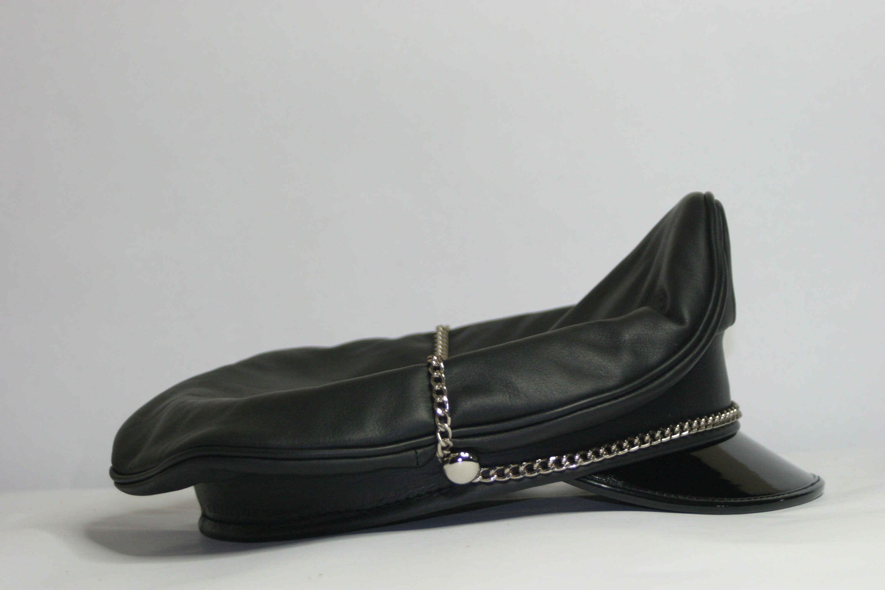 Black Genuine Leather Biker Peak Cap With Chain - Etsy